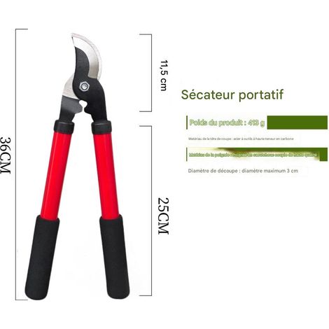 Sécateur portable robuste, en acier à haute teneur en carbone, 36 cm, pour une taille sans effort. Idéal pour les branches jusqu'à 3 cm de diamètre, arbustes et arbres fruitiers - Rouge