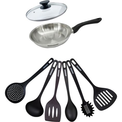 Set poêle 20 cm en inox, couvercle verre et 6 ustensiles Fackelmann Geneva (1/5)