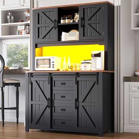 Meubles de cuisine hauts 115×40×174,7 cm avec portes coulissantes, éclairage LED intégré, noir et blanc – armoires modernes pour cuisine (1/4)