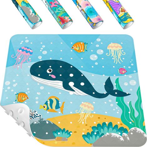 Carré Tapis de Douche antidérapant pour Enfants, 53 x 53 cm bébé Tapis de Bain, Tapis de Baignoire avec ventouses puissantes et Trous d'évacuation, Lavable en Machine, Baleine (1/5)