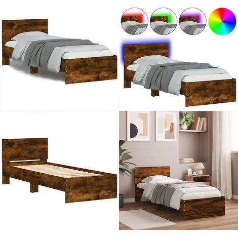 Bettgestell mit Kopfteil und LED-Leuchten Räuchereiche 75x190cm - Holzbettfassungen - Bettsystem - Kopfteil Bett - Lattenrost - Rauchfarbe Möbel - Home & Living (1/5)