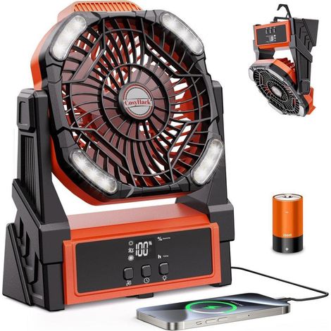 Ventilateur de camping avec lumière LED, ventilateur portable avec batterie 20 000 mAh et 4 vitesses, idéal pour l'extérieur et la tente.