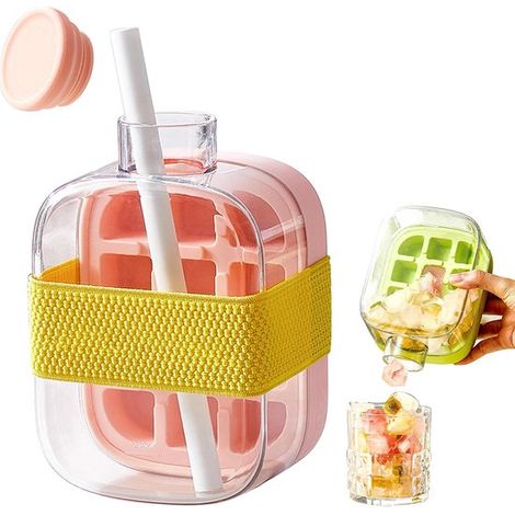 Bandeja para cubitos de hielo con tapa,botella para cubitos de hielo 2 en 1 con pajita,molde de hielo de silicona,zumos y bebidas (rosa) (1/5)