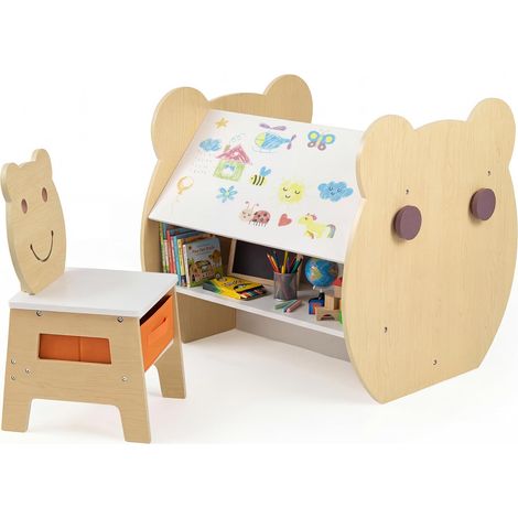 COSTWAY Set Tavolo e Sedia per Bambini 3+ con Lavagna Bifacciale Naturale (1/5)