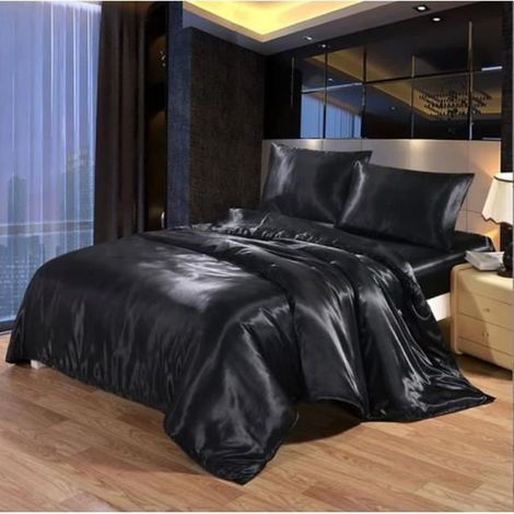 Parure de drap en Soie Satinée - Parure de lit 4 Pcs = 2 Taies d'oreiller, 1 Drap-Housse, 1 Housse de Couette - 220x240cm (1/4)