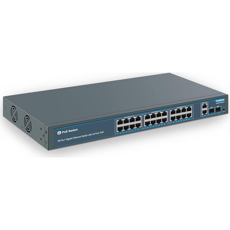 28 Port PoE Gigabit Switch with 24 PoE+ Ports @400W, 2 Gigabit Uplink Ports, 2 SFP, Rugged Metal for Desk/Rack Mount, AI Watchdog, VLAN, Plug and Play (1/5)