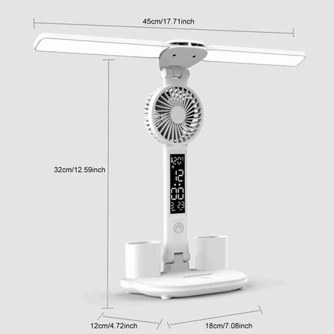 Ortviai Lampe de bureau multifonction avec ventilateur intégré, horloge LED, double porte-stylos et réglage tactile 3000K-6000K (1/3)