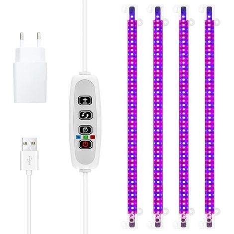 Pflanzenwachstumslichtstreifen – LED – 430 nm + 660 nm – Rotes und blaues Licht – 3/9/12-Stunden-Timer – 4-Schalter-Modus – Wachstumslampe für Sukkulenten – 4 Röhren – (1/4)