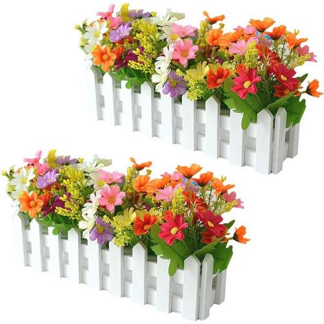 Fleurs artificielles en pot 30 cm – 2 pièces avec clôture en bois – Décoration réaliste pour balcon et jardin – Fleur de soie durable (1/5)
