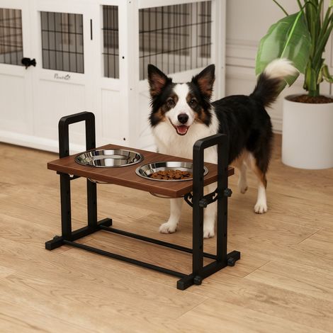 Gamelle pour chien surélevée,4 gamelles réglables en hauteur avec support,2 gamelles en acier inoxydable de 1,2L,3 angles réglables,brun