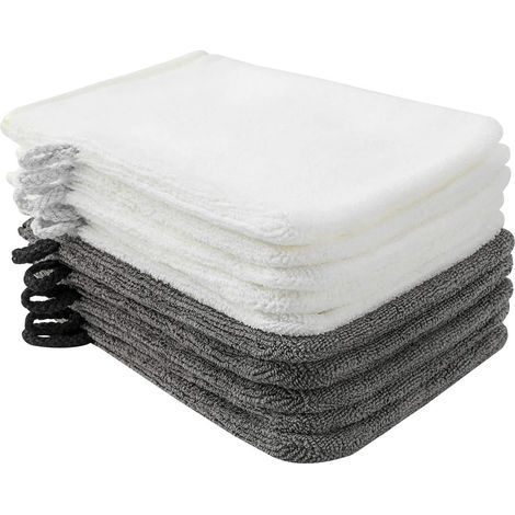 Lot de 10 serviettes de toilette en microfibre grise et blanc clair, dimensions 15 x 21 cm, gants de bain en tissu éponge. (1/5)