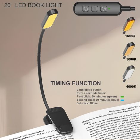 Lampe de lecture à pince 20 LED noire rechargeable USB‑C, 3 températures 1600K‑3000K‑6000K, 5 niveaux luminosité, minuterie 30/60min (1/5)