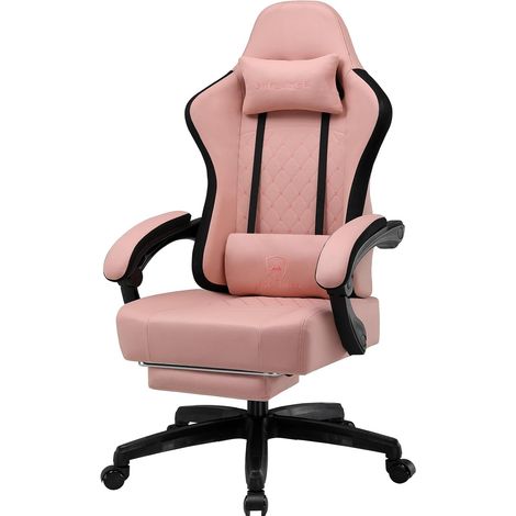 GTPLAYER Chaise de gaming ergonomique avec surface en tissu, coussin de siège à ressort, accoudoirs de connexion et repose-pieds Noir/rose