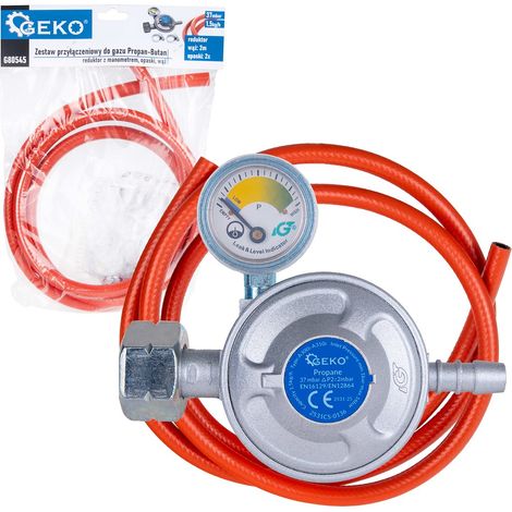 Kit de raccordement propane-butane : détendeur avec manomètre, colliers de serrage et tuyau de 2 m (1/5)