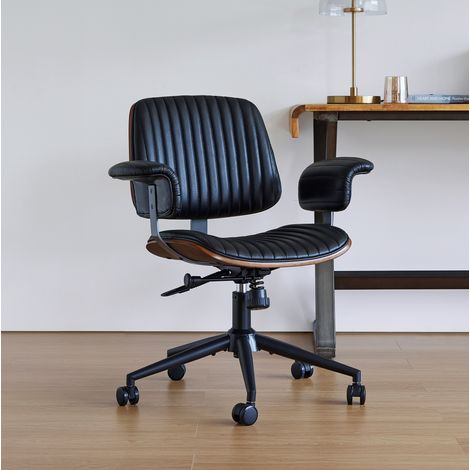 Chaise de bureau en cuir pivotante à roulettes avec accoudoirs effet bois, noire, OKWISH (1/5)