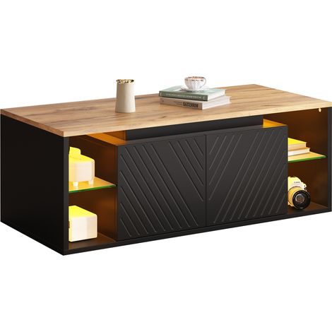Table basse noire avec éclairage LED, rangement ouvert et fermé, 2 portes, plateau effet bois, 100 x 50 x 41 cm (1/5)