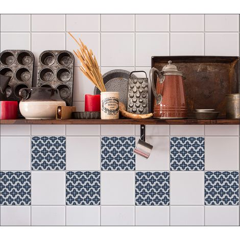 Sticker carrelage adhésif décoratif, 9 carreaux 10 cm X 10 cm, formes géométriques étoiles bleuté, crédence autocollant pour murs et sols. (1/3)