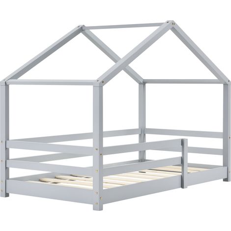 Cama-cabina para niños en forma de casita con barrera de seguridad en madera de pino gris 70 x 140 cm 030005523
