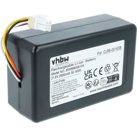 vhbw Akku kompatibel mit Samsung Powerbot VR7000, VR2AM7070WS/AC, VR2AM7090WD/AA Saugroboter (2,6 Ah, 21,6 V, Li-Ion)