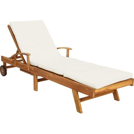 Chaise longue rembourrée, en teck massif, marron et beige. (1/5)