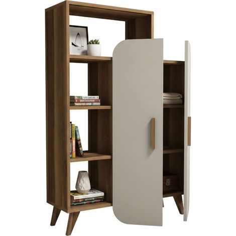 Libreria Agni, Biblioteca 5 Ripiani, 2 Ante, Installazione a Muro, 90x32x132h cm Marrone Noce