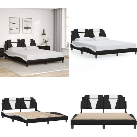 Cadre de lit sans matelas noir et blanc 160x200 cm similicuir - Lit Double - Cadre De Lit - Tête De Lit - Similicuir - Design Moderne - Home & Living