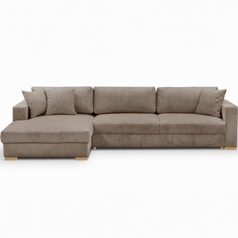 Homifab – Canapé d'angle convertible 5 places taupe en velours côtelé – Méridienne profonde 125 cm – Couchage 137 x 252 cm – Coffre de rangement (1/5)