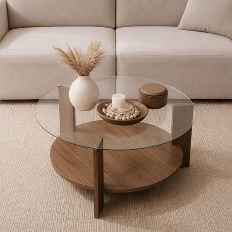 Runder Couchtisch Walnuss Melamin transparentes Glas Ø75 cm -