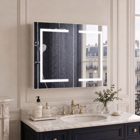 Armoire de toilette avec miroir LED 80x60x14 cm, meuble de salle de bain mural 2 portes anti-buée tactile dimmer 3 couleurs, Blanc (1/5)