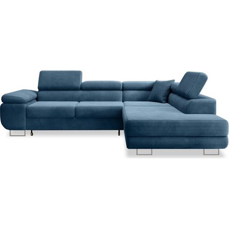 Canapé d'angle droit convertible Marius velours côtelé Bleu