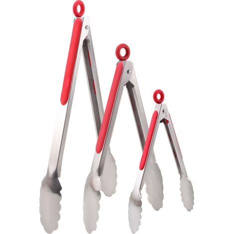 Pince Cuisine Professionnel, Ustensiles de Cuisine en Acier Inoxydable et Silicone Alimentaire, Pince de Cuisine Résistant à la Chaleur (Set de 3/Rouge)