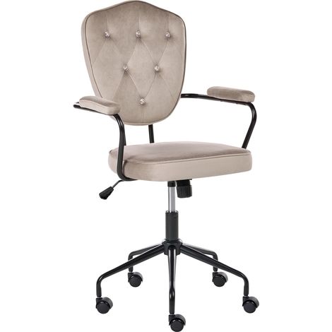 Office Chair Taupe Velvet Height Adjustable Seat and Backrest with Crystals Tufted Backrest and Full Swivel Glam Style Home Office VELISSE