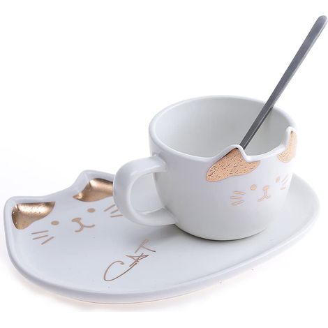 Tasse Chat - Support Chat et Cuillère - Blanc et Doré - Porte-Bonheur du Japon - Culture Nipponne - Décoration Japonaise - Idée Cadeau Japon Asie (1/4)