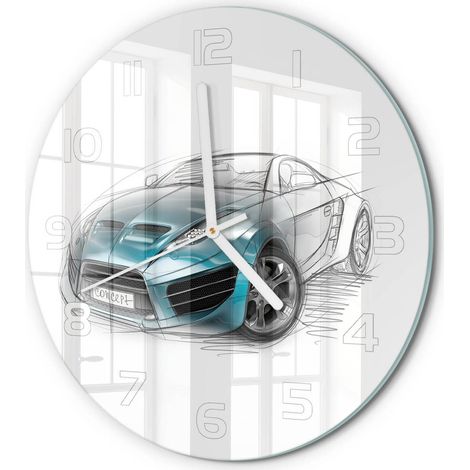 Horloge Murale Ronde Intérieur en Verre Silencieuse Moderne Toute Pièce Croquis de voiture fi 30 cm (1/5)