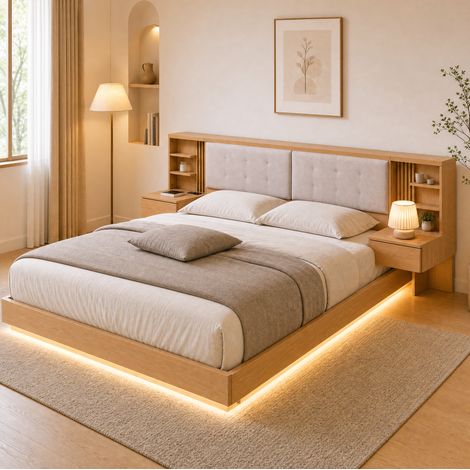 Schwebendes Bettgestell 180x200 cm Naturfarben Holzwerkstoff mit Stauraum, Ladeanschluss und gepolstertem Kopfteil (1/5)