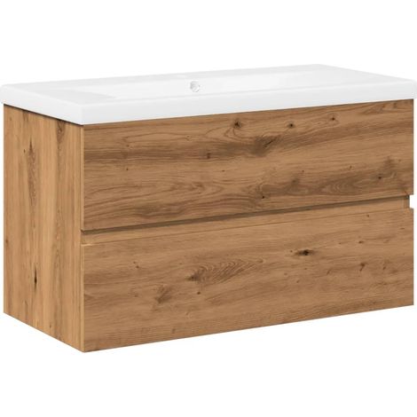 Pratico mobile lavabo con portaoggetti a parete 80 x 38,5 x 45 cm in legno multistrato rovere artigianale 020055849