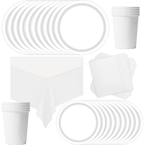69 Pièces Vaisselle Jetable Anniversaire Blanc,Assiette Carton Papier Tasses Serviettes Nappe pour Fête de Noël,Vaisselle de Fête Enfants,Barbecue Les Fêtes Les Pique-niques(16 Invités) (1/4)