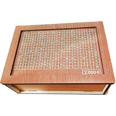 Tirelire en bois réutilisable avec compte à rebours et objectif d'argent, idéale pour enfants et adultes (Challenge 2000). (1/5)