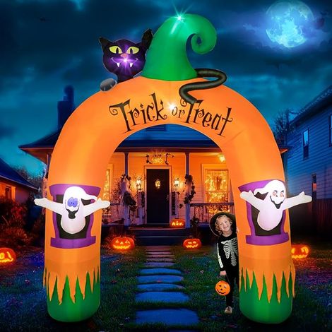 305 cm Inflatable Ghost Arch Halloween Decoration with Integrated LED Ghost Arched Door Halloween Deco Outdoor with Black Cat Halloween Decoration for Parties Yard Lawn Garden (1/5)