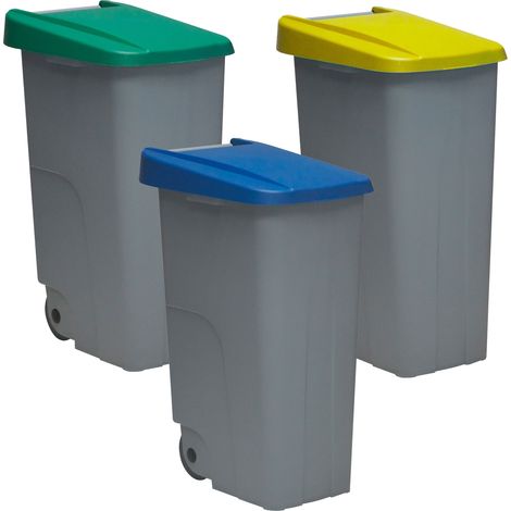 Pack Reciclaje Reciclo 85L. Cerrado c/u: 255L. totales, en 3 contenedores, Azul/Verde/Amarillo, INCLUYE rollo de 10 Bolsas de basura de 100L. (1/5)