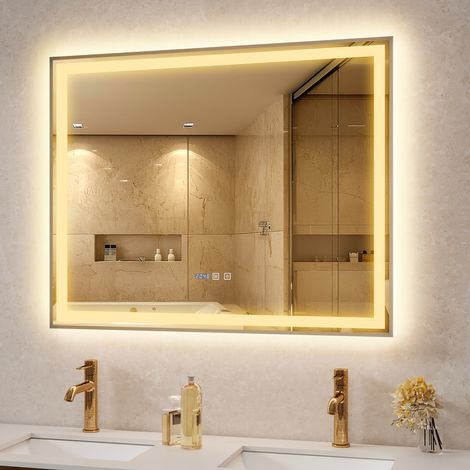 Puluomis LED Miroir de Salle de Bain 100x80cm, Miroir luminueux de salle de bain, Miroir mural, Interrupteur Tactile, Anti-buée, LED Réglable, Étanchéité IP44, Affichage numérique- Argent (1/5)