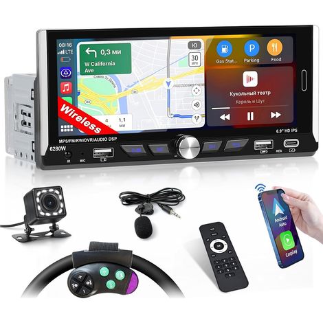 Autoradio 1 DIN avec Wireless et Android Auto sans Fil, Radio avec écran 6,9 Pouces avec Bluetooth, Mirror Link, Compatible FM/RDS, EQ, USB, Type C, Recharge USB (1/5)