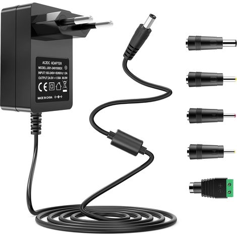 Adaptateur d'alimentation 24 V 1,5 A avec 5 connecteurs CC Convertisseur 100240 V CA vers 24 V CC 1500mA 1000mA 800mA 200m Apour bandes LED et diffuseurs d'huiles essentielles (1/5)