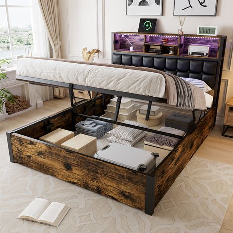Hydraulic Storage Bed with USB Charging Port & LED Light, Black Wood Effect Headboard with Soft Backrest & Side Pockets, Metal Frame,4ft6 Double Bed 135×190cm