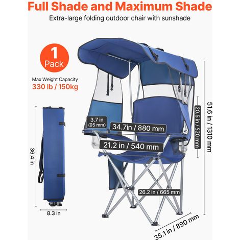 Chaise de Camping Pliante avec Auvent, Fauteuil Pliable Camping Charge Maximale 150 kg, pour Pique-nique Randonnée Pêche en Plein Air, avec Porte-gobelet et Pochette pour Magasines, Bleu Foncé (1/5)