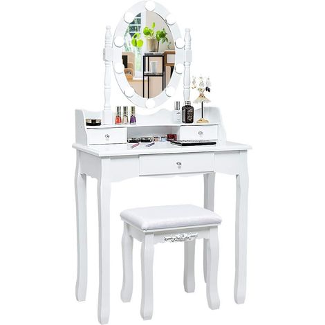 COSTWAY Schminktisch mit Hocker, 360° drehbarem Spiegel und verstellbare LED Beleuchtung, Frisiertisch aus Tisch und Abnehmbarer Oberteil, Kosmetiktisch mit 3 Schubladen, 75 x 40 x 143,5 cm Weiss (1/5)
