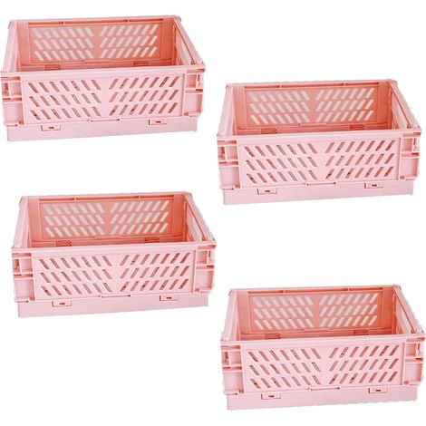 4 Cagettes Pliables,Panier Rangement Plastique ABS Avec Poignée,Empilable Pour Cuisine Bureau Chambre,Rose (1/5)