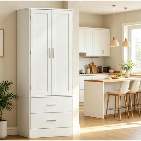 Armoire haute de cuisine 2 portes, 2 tiroirs, 8 étagères à épices blanche OKMYHOME (1/5)