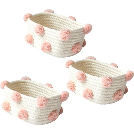 3 cestas de almacenamiento de algodón tejido con pompones decorativos, accesorios de acabado, caja rosa.