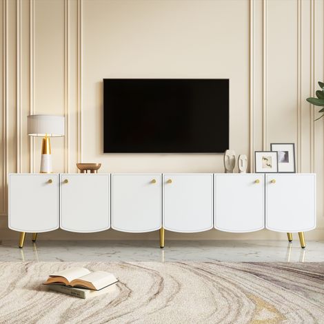 Meuble TV 180 cm Blanc et Doré - Buffet Bas avec 6 Portes, Console de Télévision Moderne pour Salon, Meuble de Rangement avec Pieds en Métal (1/5)